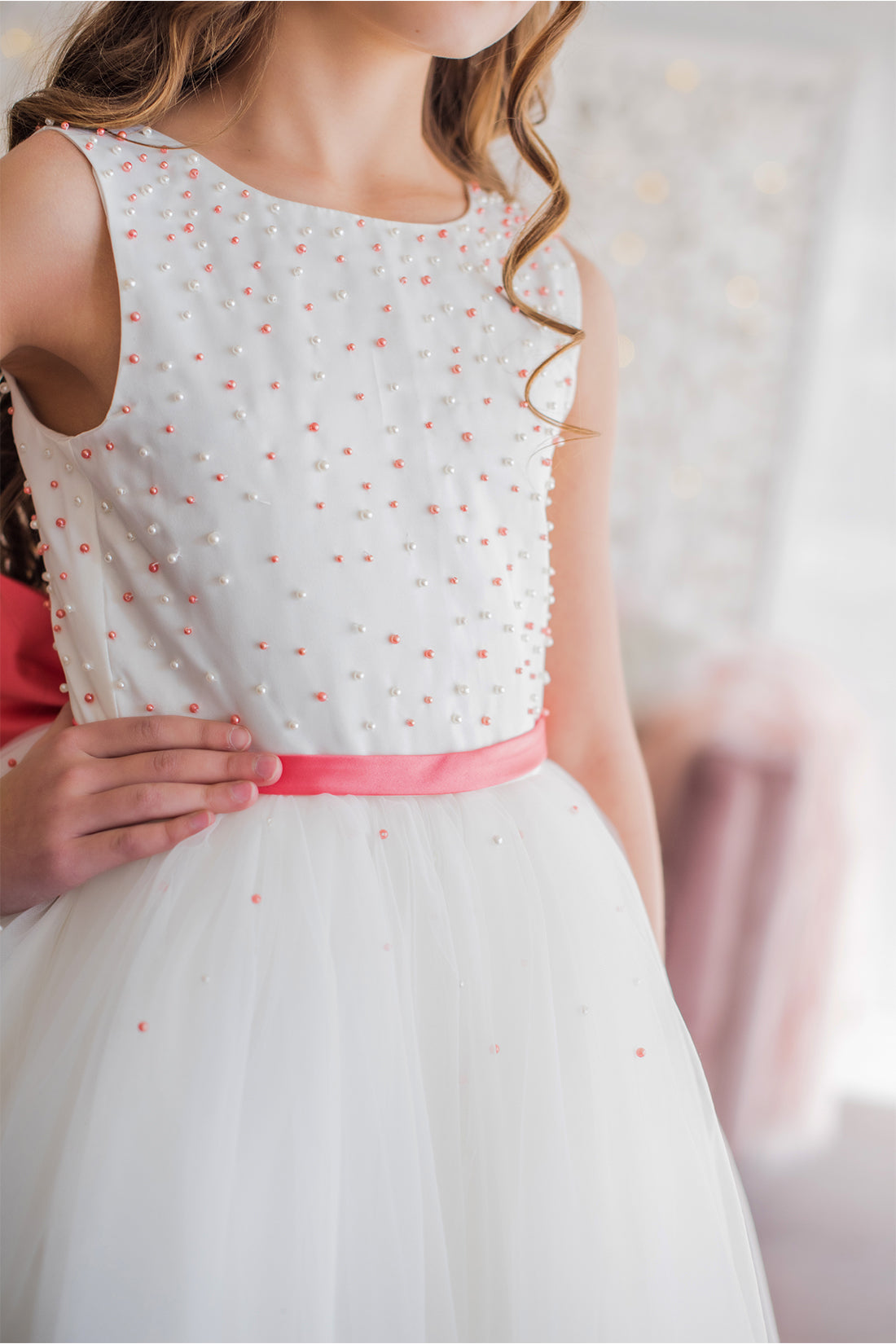 White & Coral Flower Girl Dress