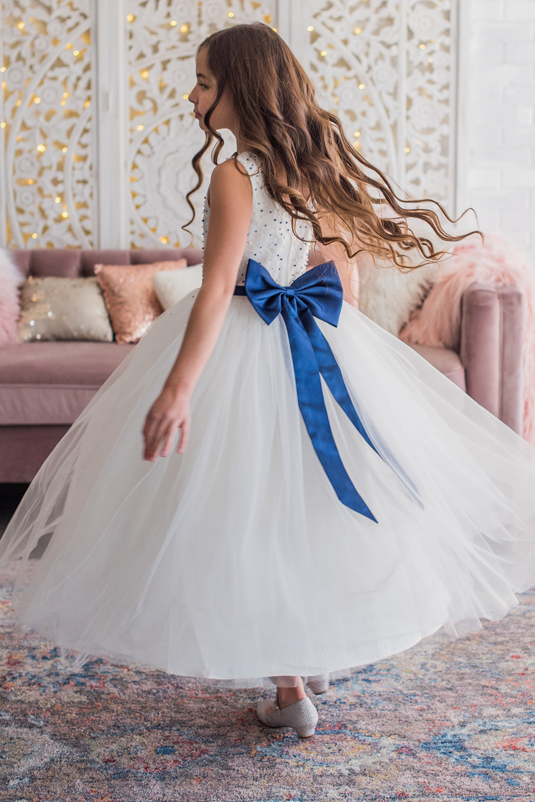 White &amp; Navy Flower Girl Dress