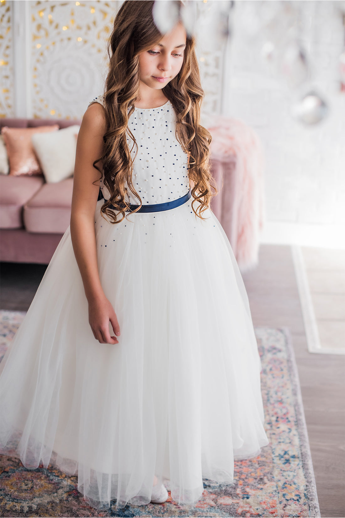 White & Navy Flower Girl Dress