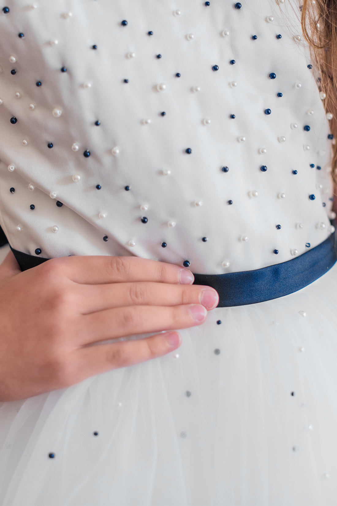 White & Navy Flower Girl Dress