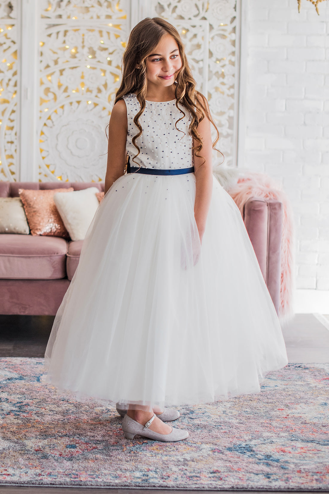 White & Navy Flower Girl Dress