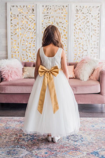 White & Gold Flower Girl Dress