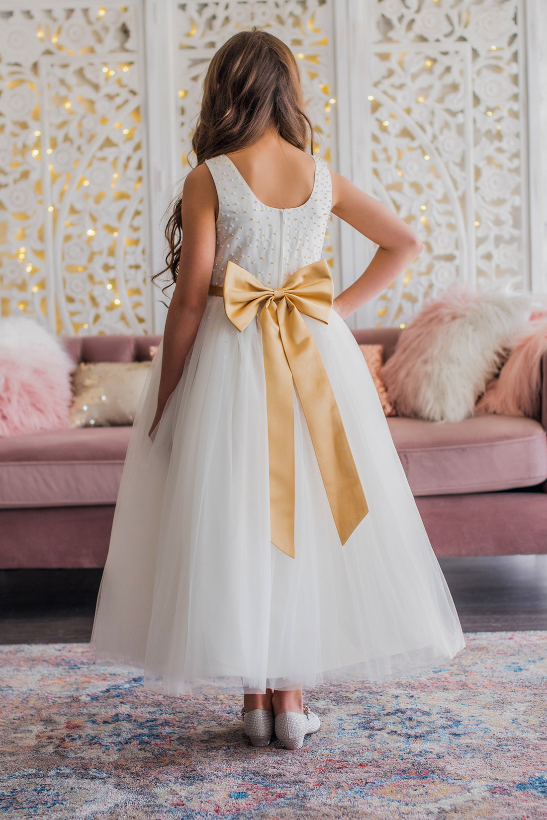 White & Gold Flower Girl Dress