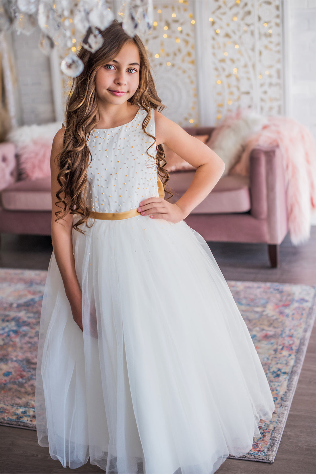 White & Gold Flower Girl Dress