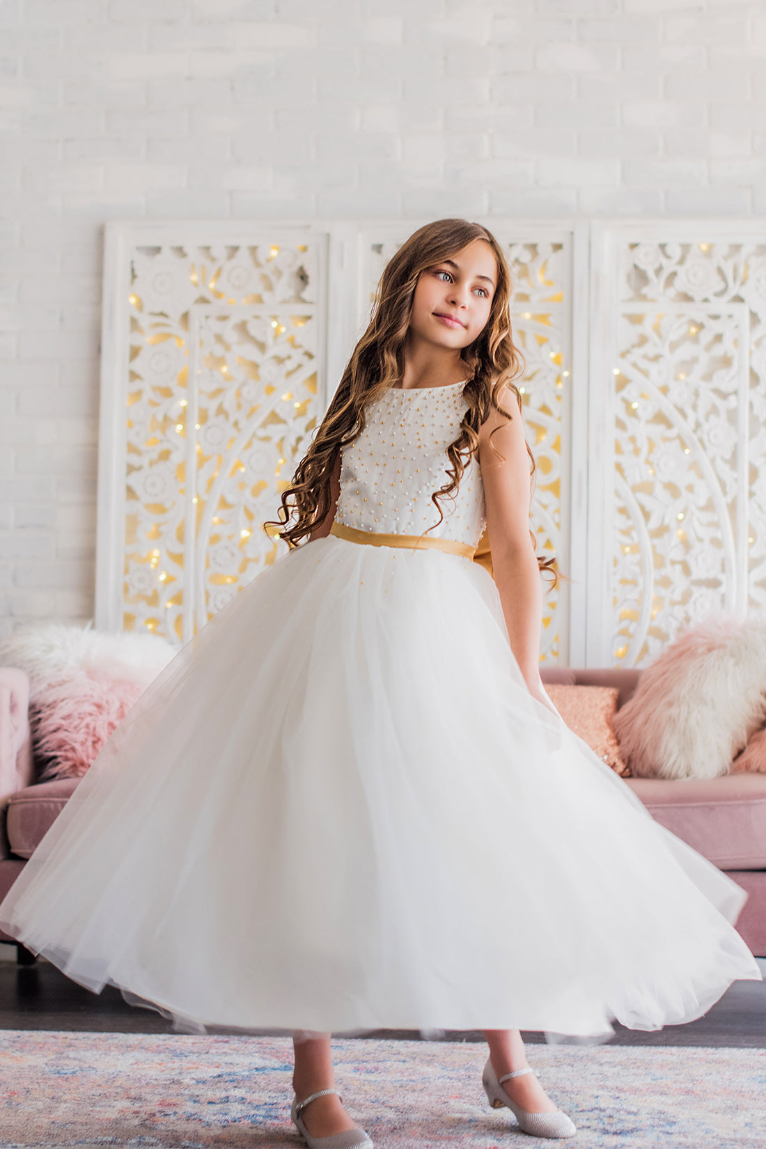White & Gold Flower Girl Dress