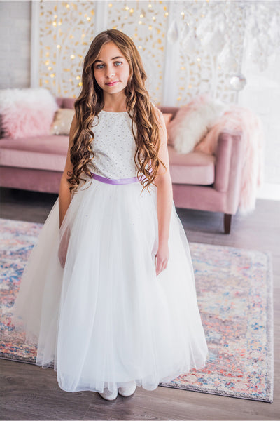 White & Lavender Flower Girl Dress