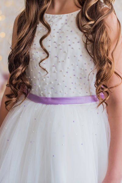 White & Lavender Flower Girl Dress